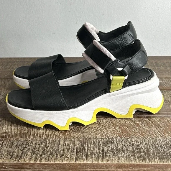 Sorel Kinetic Impact Y Strap High Sandals 9.5 Leather Chunky Platform Black - Picture 1 of 9